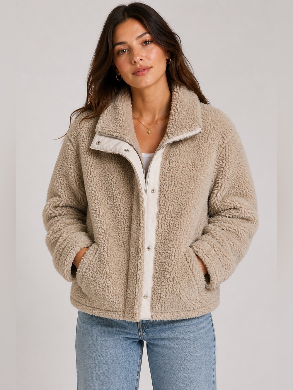 Cozy Sherpa Teddy Jacket Beige Zip Front Fleece Coat Women’s